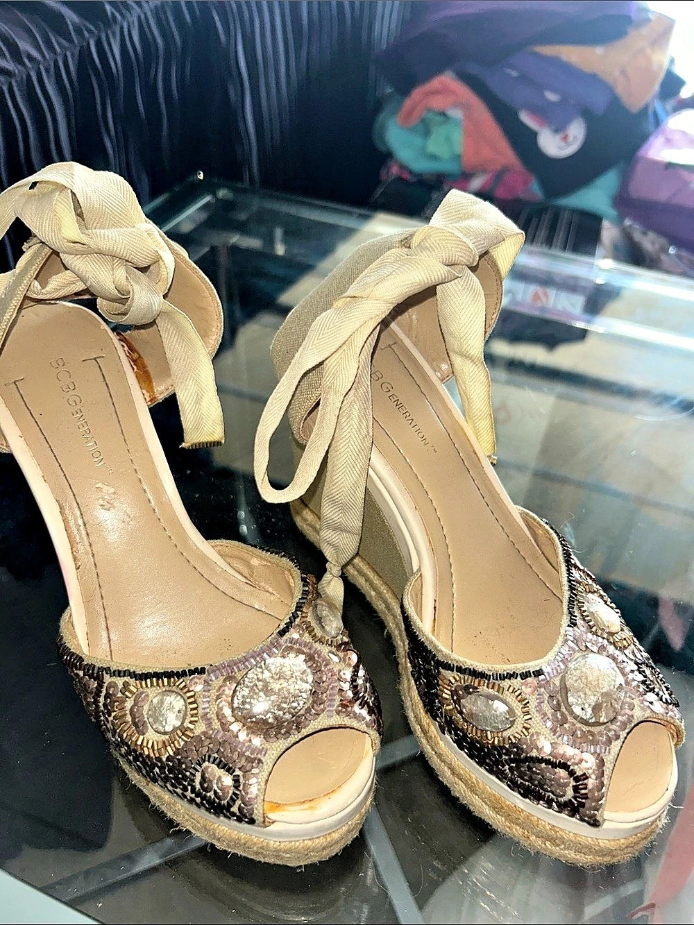 BCBGeneration Embellished Espadrille Wedge Sandals in Beige